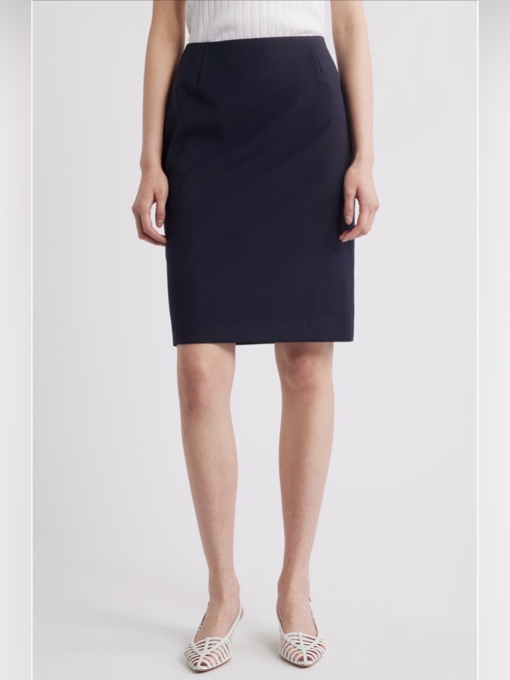 BOSS Vileah Navy Wool Pencil Skirt Size 8 Curvy Fit Career Office Classic